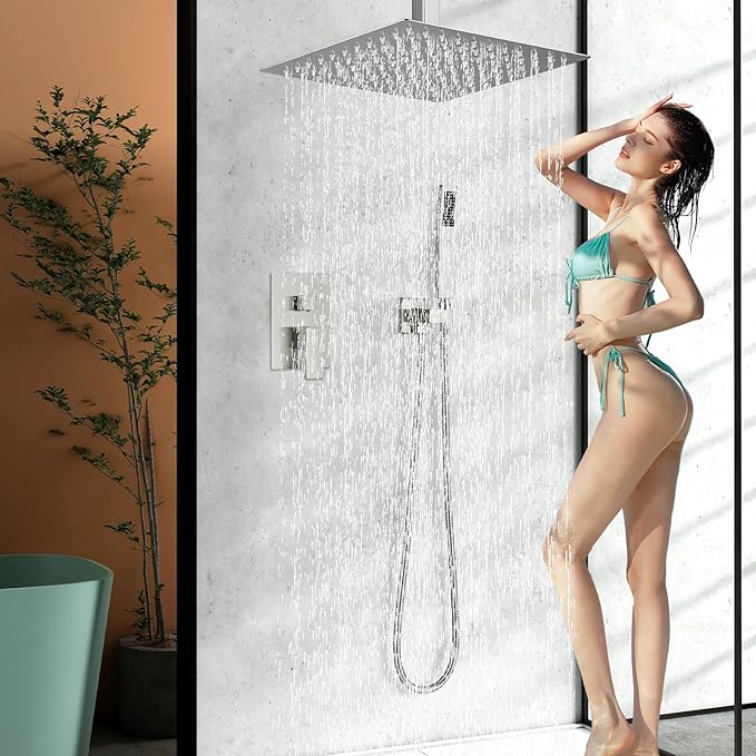 Shower Faucet Set Brushed Nickel Rain Shower System with High Pressure 12 Inches Rain Shower Head and Handheld Spray Bathroom Luxury Rain Mixer Shower Complete Combo Set Ceiling Mounted