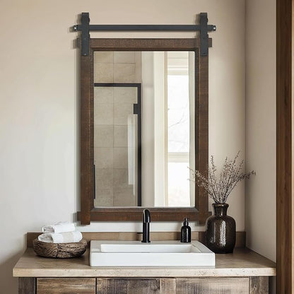Besdomus Bathroom Rustic Wall Mirror: 24"x36" Brown Barn Door Farmhouse Solid Cedar Wood Frame - Wall Mounted Mirror for Entryway/Hallway/Bathroom - Home Decor for Modern Farmhouse Enthusiasts
