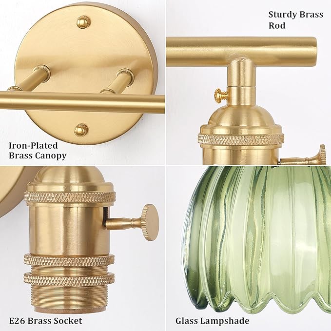 Bathroom Light Fixtures, 2-Light Brass Vanity wall Light Over Mirror with Green Tulip Glass Shade for Bedroom Living Room (Bulb Not Included)