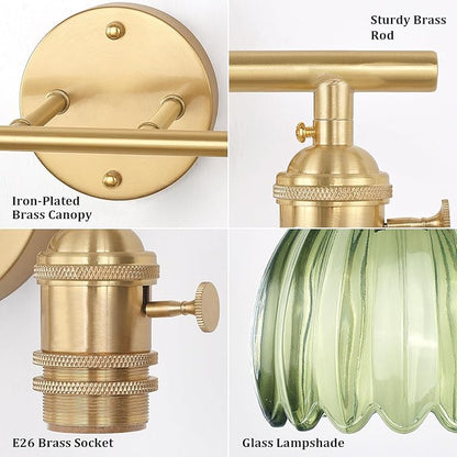 Bathroom Light Fixtures, 2-Light Brass Vanity wall Light Over Mirror with Green Tulip Glass Shade for Bedroom Living Room (Bulb Not Included)
