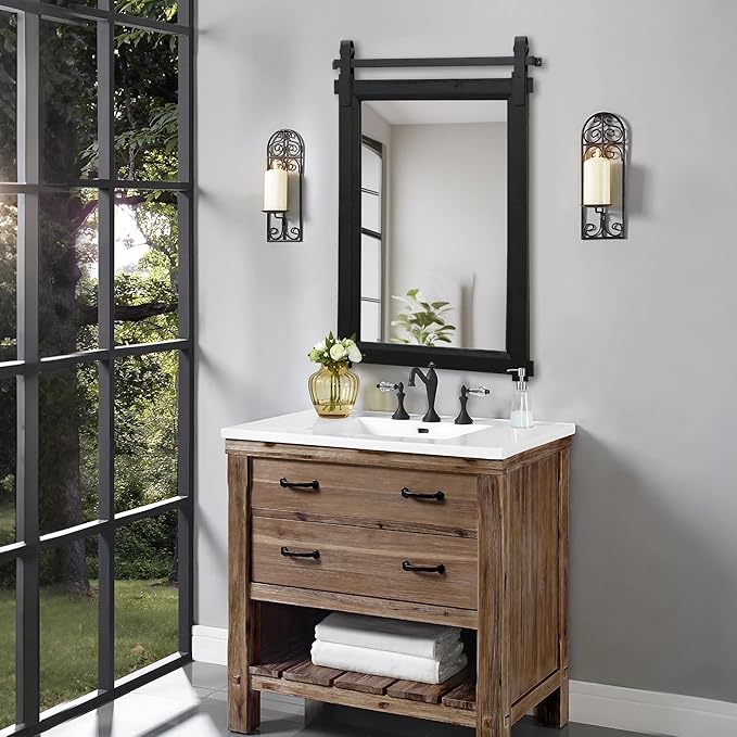 Besdomus Black Bathroom Farmhouse Mirror: 24"x36" Barn Door Rustic Solid Cedar Wood Frame - Wall Mounted Mirror for Entryway/Living Room/Bathroom - Home Decor for Modern Farmhouse Enthusiast