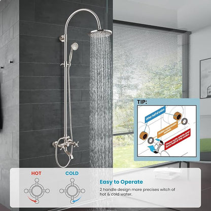 gotonovo Exposed Shower Faucet with Spout Brushed Nickel,Curved Pipe | Brass Bathroom Exposed Shower System,8’’ Rain Head,Swivel Tub Spout 2 Cross Handle,Adjustable Handheld Sprayer,Wall Mount