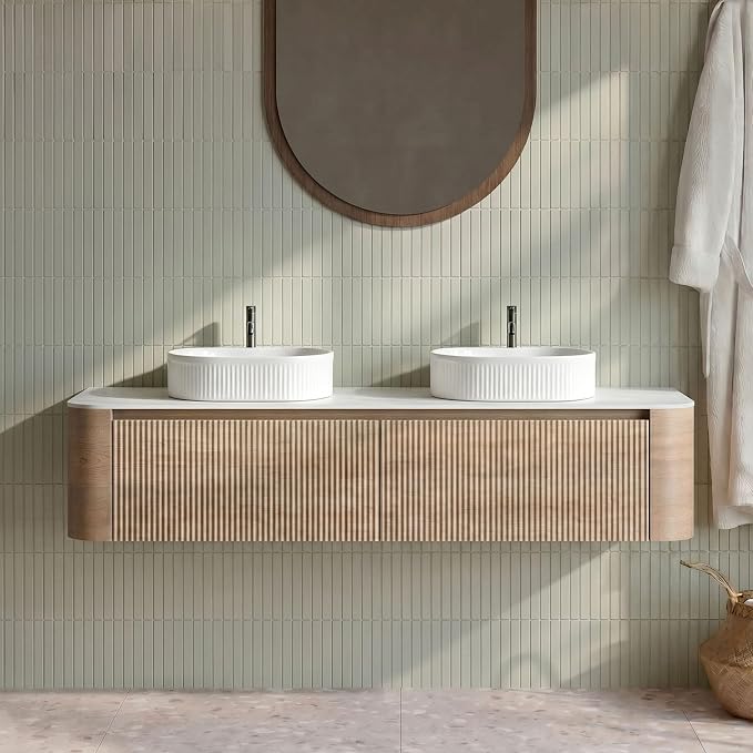 72" Preassembled Double Floating Bathroom Vanity with White Sink, Oak | Mid-Century Modern Style, Fluted & Soft-Close Drawer with U-shaped Wall, Sinterted Stone Countertop, Towel Rack Included