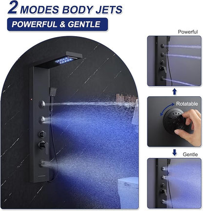 ROVATE 6 in 1 LED Rainfall Waterfall Shower Panel Tower System Matte Black | Stainless Steel Shower Column with Tub Spout, 2-Setting Massage Body Jets and Flexible Handheld, Water Flow Adjustable