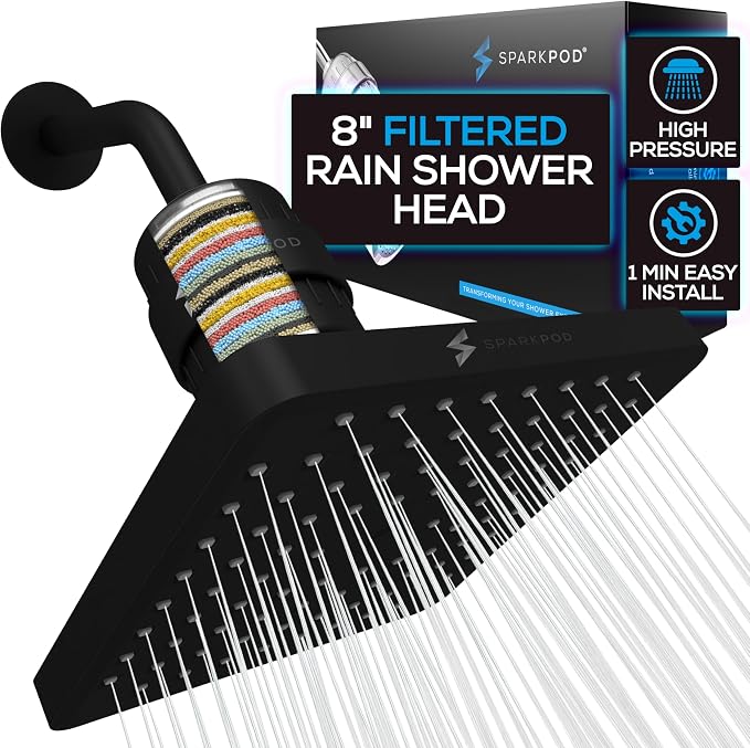 SparkPod Filtered Shower Head, 23-Stage, 8" Square, Black Matte | Showerhead for Hard Water, High Pressure, Reduces Chlorine, Heavy Metals, For Dry Skin & Hair, Removable Capsule Filter