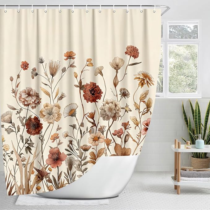 Vintage Boho Beige Floral Shower Curtain, Brown Cream Tan Rustic Farmhouse Flower Shower Curtain Set, Cute Botanical Wlidflowers Fabric Shower Curtains Decoration, 72X72 Aesthetic Bathroom Accessories