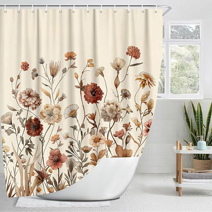 Vintage Boho Beige Floral Shower Curtain, Brown Cream Tan Rustic Farmhouse Flower Shower Curtain Set, Cute Botanical Wlidflowers Fabric Shower Curtains Decoration, 72X72 Aesthetic Bathroom Accessories
