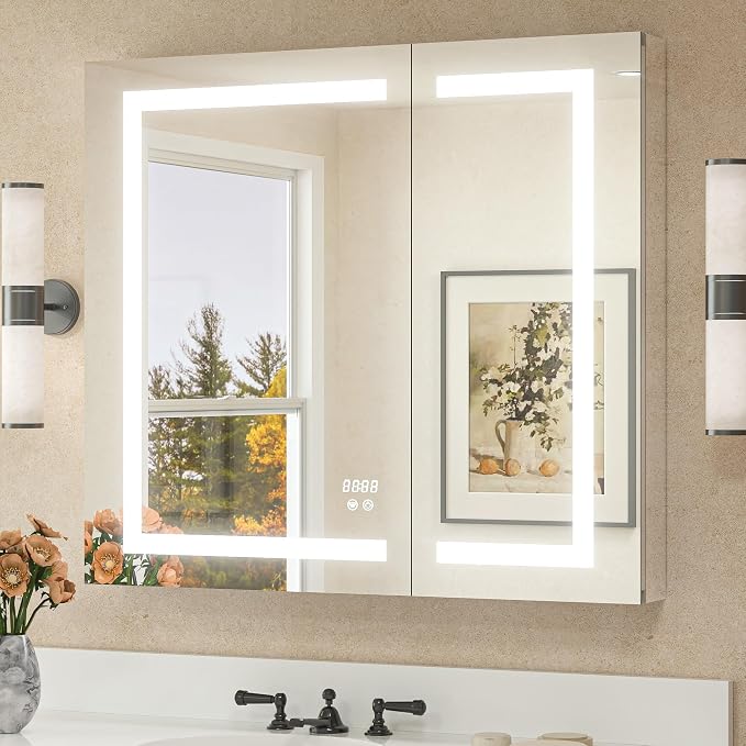 36 x 32 LED Lighted Bathroom Medicine Cabinet with Lights, 2 Door Recessed or Surface Mount Led Mirrored Medicine Cabinet, Tempered Glass, Outlets & USB, Adjustable Shelf, 3-Color Lights