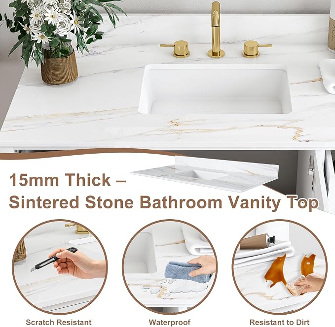 42 Inch Bathroom Vanity with Sink&Countertop,Calacatta Gold Sintered Stone Counter Top with Sink&Backsplash,White Bathroom Cabinet Set with 2 Doors and 9 Drawer(Three Holes)