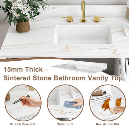 42 Inch Bathroom Vanity with Sink&Countertop,Calacatta Gold Sintered Stone Counter Top with Sink&Backsplash,White Bathroom Cabinet Set with 2 Doors and 9 Drawer(Three Holes)
