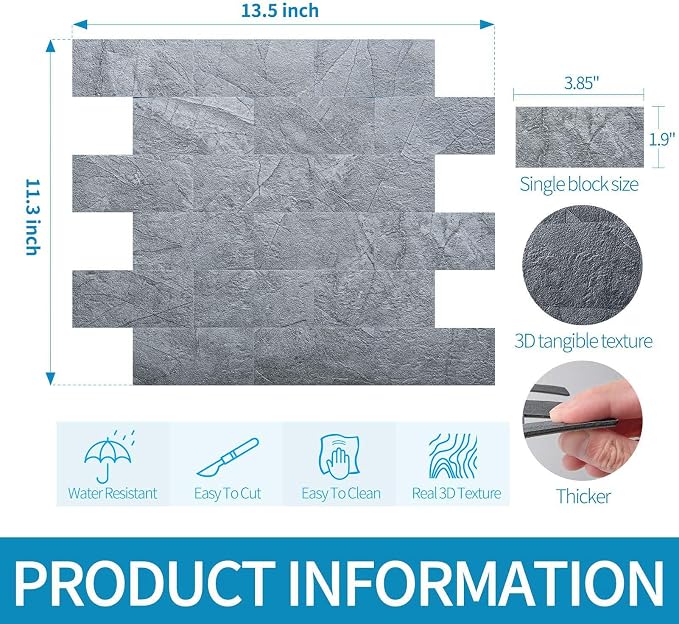 Art3d Peel and Stick Backsplash, Stick on Wall Tile, 10-Pack, Blue Grey | PVC, Self Adhesive, Splash Resistant, Multi-Surface Compatibility, Ideal for Kitchens, Fireplaces, Stair Areas