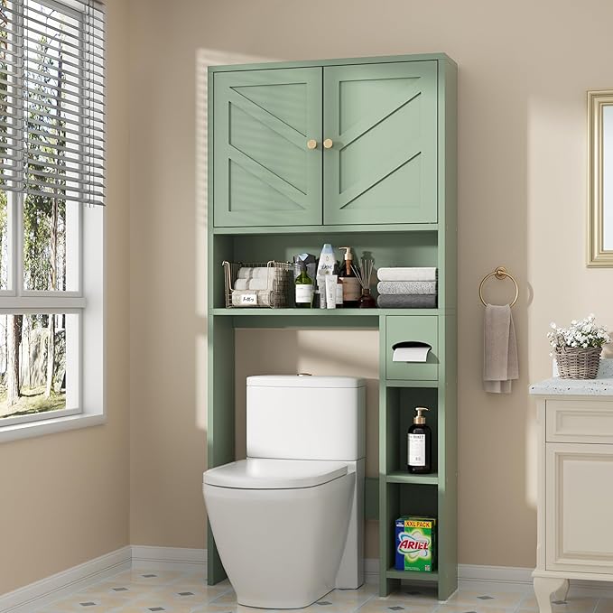 Shintenchi Over the Toilet Storage Cabinet, Bathroom Storage Cabient with Barn Doors, Bathroom Storage Shelf Organizer with Toilet Paper Holder, Adjustable Shelf and Anti-Tip Device, Green
