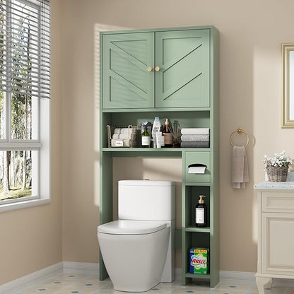 Shintenchi Over the Toilet Storage Cabinet, Bathroom Storage Cabient with Barn Doors, Bathroom Storage Shelf Organizer with Toilet Paper Holder, Adjustable Shelf and Anti-Tip Device, Green