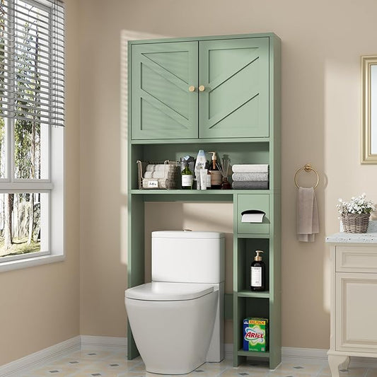 Shintenchi Over the Toilet Storage Cabinet, Bathroom Storage Cabient with Barn Doors, Bathroom Storage Shelf Organizer with Toilet Paper Holder, Adjustable Shelf and Anti-Tip Device, Green