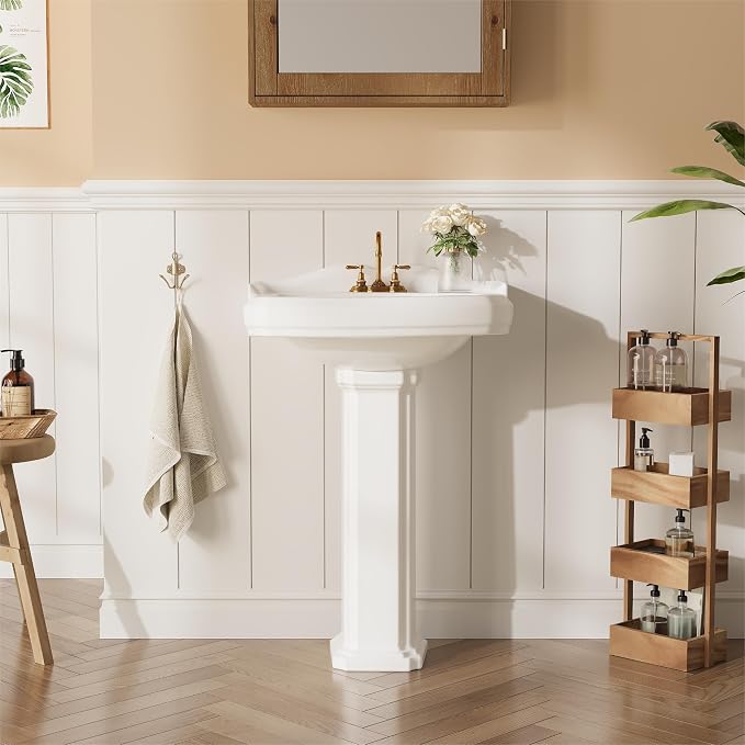 Bathroom Pedestal Sink 23 X 19 Inch | Classic Ceramic Basin with Backsplash, 3 Faucet Holes (4 Inch Centerset), Space-Saving Design for Small Bathrooms