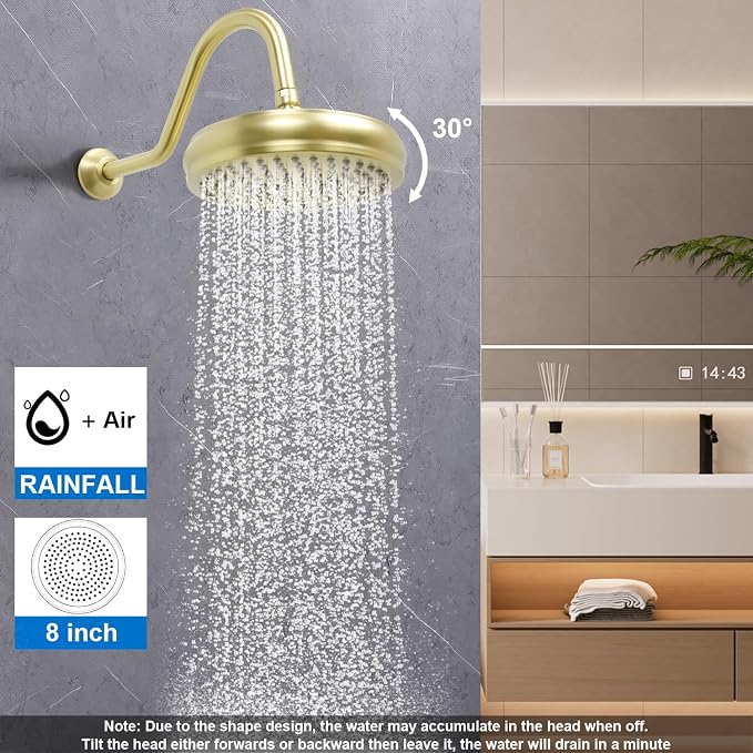 Enga Brushed Gold Antique Brass Tub Shower Faucet Fixture Shower System, 8inch Wall Mount Rain Shower with Spout and Hand Spray