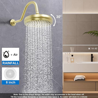 Enga Brushed Gold Antique Brass Tub Shower Faucet Fixture Shower System, 8inch Wall Mount Rain Shower with Spout and Hand Spray