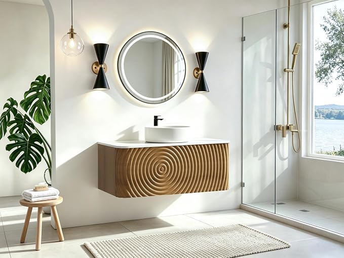 36" Floating Bathroom Vanity with Sink, Mid-Century Wall Mounted Bathroom Vanity Cabinet with Waved Decor, Ceramic Vessel Basin, Sintered Stone Top, Soft Close Storage Drawer, Natural