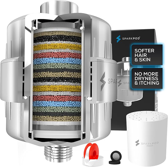 SparkPod 23-Stage Shower Head Filter for Showerheads, Polished Chrome | Removes Chlorine & Heavy Metals, Helps Improve Hard Water, with Activated Carbon and KDF-55 Layers, High Output