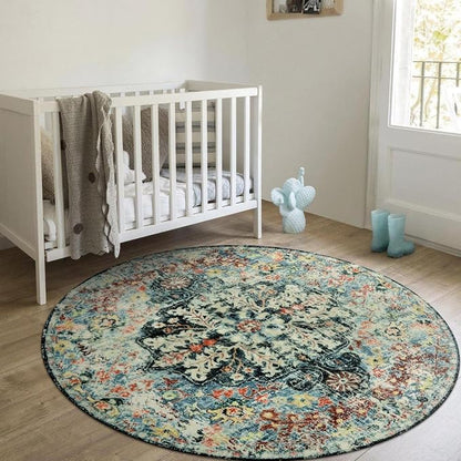 Lahome Bohemian Floral Medallion Round Rug - 4Ft Entryway Round Area Rug Soft Bathroom Circle Mat, Teal Turkish Non Slip Machine Washable Indoor Accent Carpet for Bedroom Kitchen Coffee Table