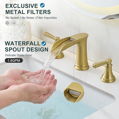 8 Inch Brushed Gold Bathroom Faucet 3 Hole, Brass Waterfall Bathroom Faucets Widespread 2 Handle with Pop up Drain & Pre-Installed cUPC Supply Lines for Vanity, 10 Mins Quick Installation