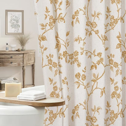 MitoVilla Yellow Linen Floral Shower Curtain for Bathroom, 72 x 72 | Yellow BoHo Cottagecore Spring Shower Curtains, Modern Farmhouse Country Plant Leaves Bathroom Décor, 72 x 72