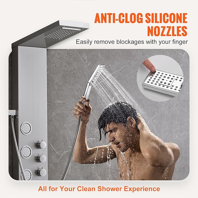 VEVOR Shower Tower, 4 Shower Modes Shower Tower System, Rainfall, Waterfall, 5 Full Body Massage Jets and 3-Setting Handheld Shower Head with 59" Hose, Stainless Steel Wall-Mounted Shower Set
