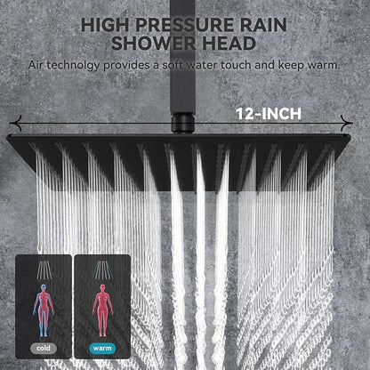 Rain Shower System With Complete 6 Pcs Body Sprays Jets And Pressured Balance Rough-in Valve,12Inch Rainfall Shower Head And Handheld, Modern Matte Black Ceiling Mount Shower Faucets Sets