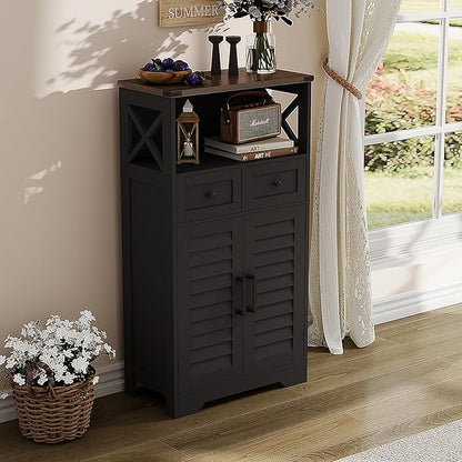 ChooChoo Farmhouse Storage Cabinet, Bathroom Floor Cabinet with Doors and Drawers, Kitchen Pantry Cabinet for Living Room, Laundry, Black