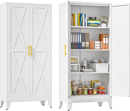 61" Metal Storage Cabinet with 2 Doors and 3 Adjustable Shelves,White Farmhouse Kitchen Pantry Cabinet,Steel Garage Tool Cabinet,File Cabinetfor Home,Office,Dinning Living Room,Warehouse
