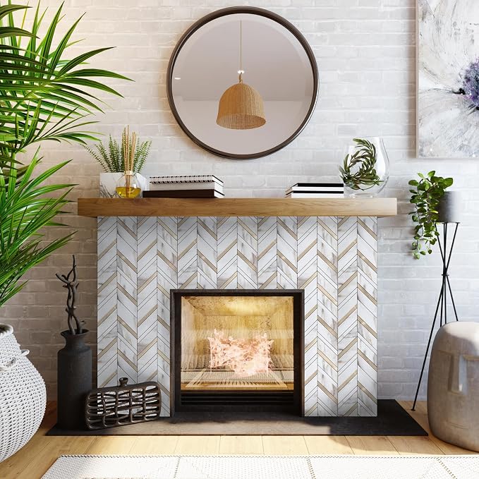 Yipscazo 10 Sheets Herringbone Backsplash Peel and Stick Tile, Marble Calacata Mixed Metal Gold PVC Stick on Backsplash for Kitchen, Waterproof Self Adhesive Wall Tile for Bathroom