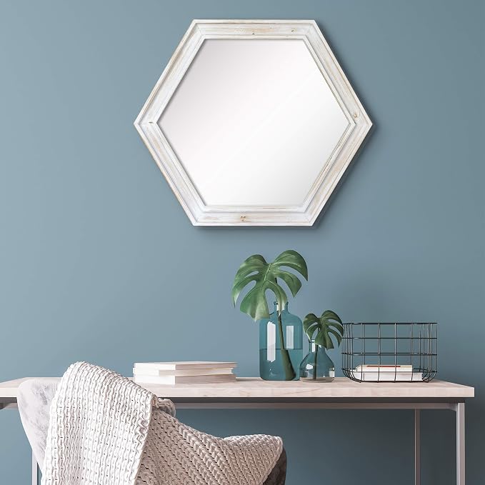 Stonebriar Decorative 24" Hexagon Wall Mirror with Worn White Wood Frame and Attached Hanging Bracket, Decorative Country Rustic Decor for the Living Room, Bedroom, Bathroom, Hallway, and Entryway