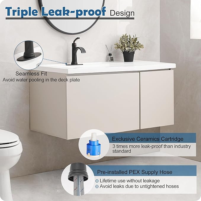 Black Waterfall Bathroom Faucet 1 Hole, Brass Bathroom Sink Faucets 4 Inch 3 Hole Single Handle with Pop-up Drain, Pre-Installed cUPC Water Hose, Deck Plate for Vanity, Farmhouse, Lavatory