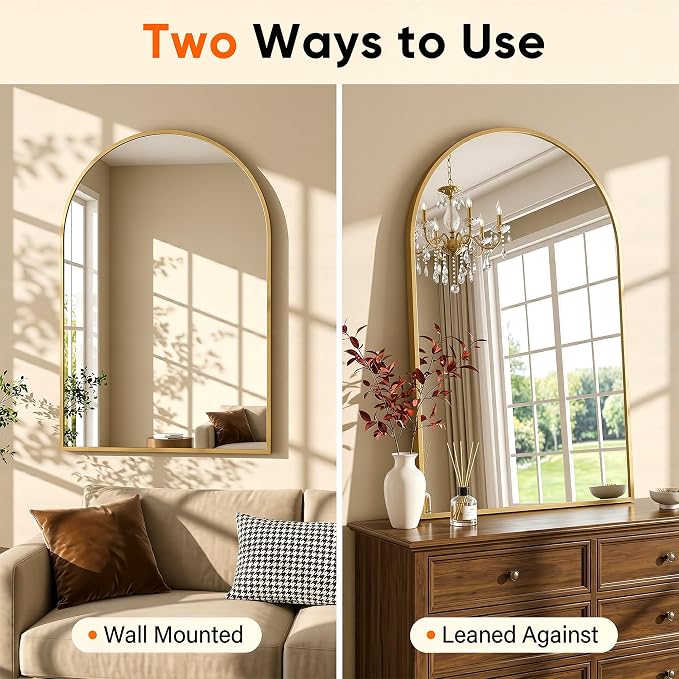 Antok Arched Bathroom Mirror, 26"x38" Wall Mounted Mirror, Vanity Mirrors for Over Sink, Aluminum Alloy Frame Bathroom Mirrors Living Room, Bedroom and Entryway, Gold