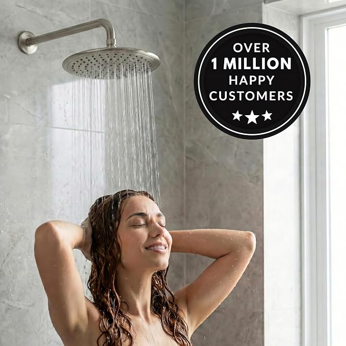Waterfall Showerhead - 2.5 GPM - Brushed Nickel | 9 Inch Large Overhead Rain Shower Head With Self-Clean Nozzles, Adjustable Brass Ball Joint, High Flow Best With Extender Arm