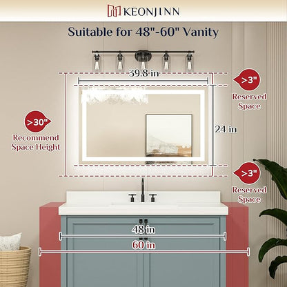 Keonjinn 40" x 24" Lighted Mirror for Bathroom Wall, LED Bathroom Mirror with Lights, Frontlit & Backlit Mirror with Dimmable 3-Color Temperature, HD Tempered Glass, UL-Listed LED Driver
