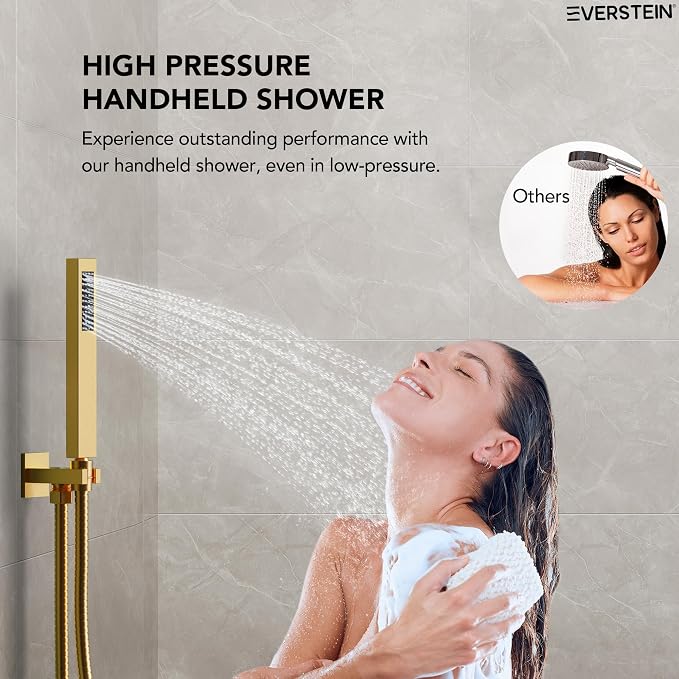 10" High-Pressure Rainfall Shower System with Handheld Spray, Wall Mount Bathroom Shower Faucet Set with Valve (Brushed Gold)