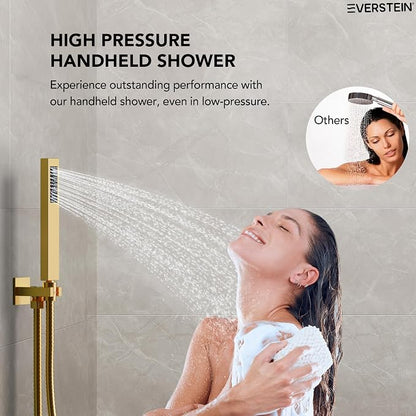 10" High-Pressure Rainfall Shower System with Handheld Spray, Wall Mount Bathroom Shower Faucet Set with Valve (Brushed Gold)