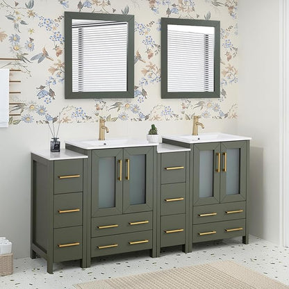 HOMEBEYOND 72 Inch Modern Bathroom Vanity with Sink & Mirror, Double Sink Vanity Cabinet with Basin and Mirror, Dove-Tailed Drawers, Soft-Closing Doors, Wood, Vintage Green