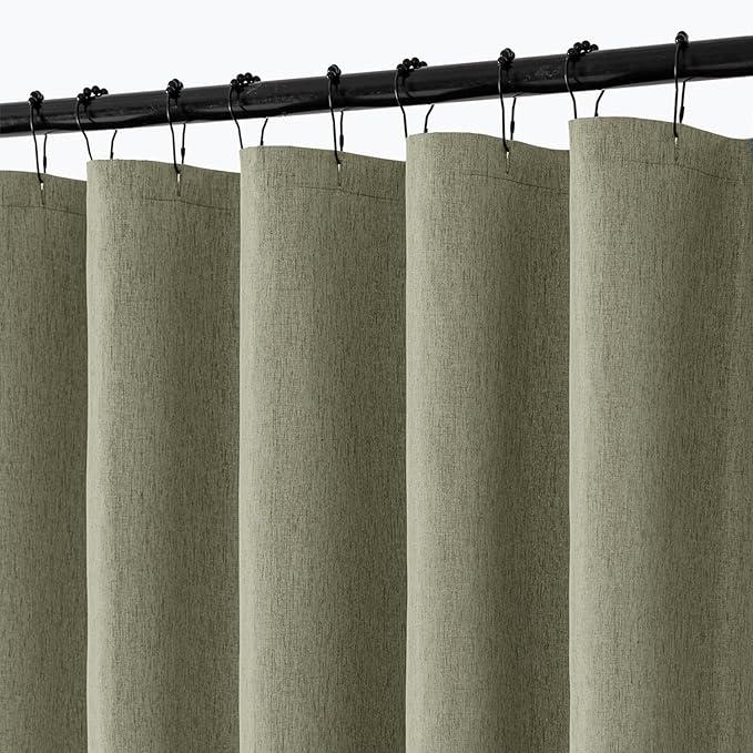 ANRODUO Olive Green Linen Textured Fabric Shower Curtain Set - 60"x72" with 10 Rust Resistant Durable Metal Hooks, Waterproof & Heavy Duty Polyester, Button Hole Design, Machine Washable for Bathroom