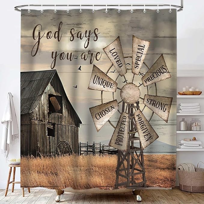Western Barn Windmill Shower Curtain Sets for Bathroom, Rustic Inspirational Quotes Country Vintage Shower Curtains, Waterproof Farmhouse Bathroom Bathbub Decor Curtains with Hooks, 70X75IN
