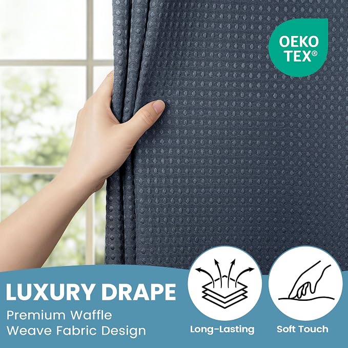 SORTTO No Hook Shower Curtain with Snap in Liner Set Waffle Shower Curtain for Bathroom Hotel Style Fabric Waterproof Inner Liner，71" W x 80" H, Navy Blue