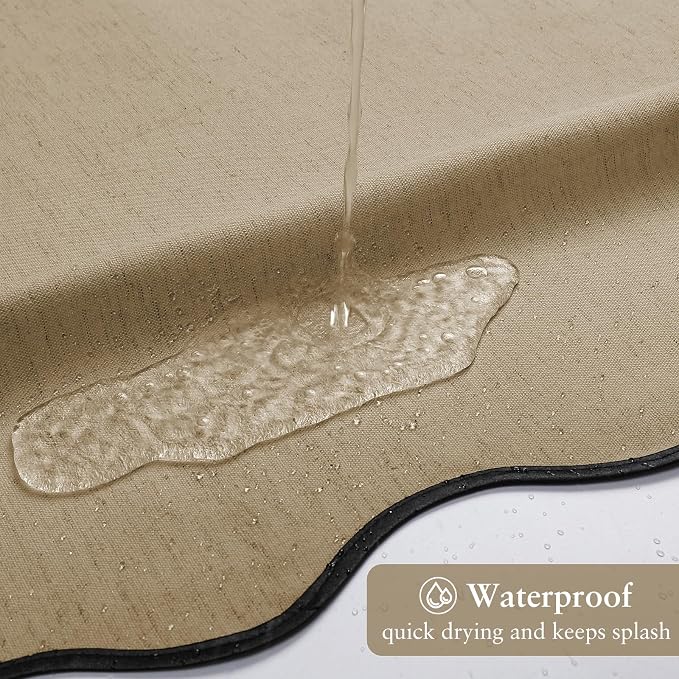Linen Scallop Shower Curtain with 12 Clear Hooks, Waterproof, 72x72, Khaki | Waterproof Heavy Duty Thick Fabric with Black Border, Minimalist Neutral Boho Farmhouse Bathroom Décor