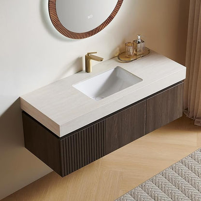 48” Floating Bathroom Vanity with Sink, Wall-Mounted Cabinet with Drawer & Doors, Roma Travertine-Pattern Countertop, Undermount Basin, Single Faucet Hole, Soft-Close, Pre-Assembled, Dark Oak
