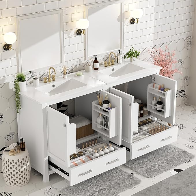 60" White Bathroom Vanity with Double Sink, 60 Inch Bathroom Vanity Set with Double Vanities (Separate), 2 Bathroom Vanities with Sink, Storage Shelf, and Divided Drawers (Mirror not included)