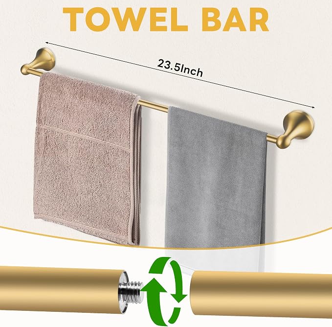 Brushed Gold Bathroom Hardware Set Wall Mounted Gold Accessories Set 4 Pieces Bathroom Hardware Set, 23.6 inch Towel Bar | Towel Hook | Toilet Paper Holder | Hand Towel Holder