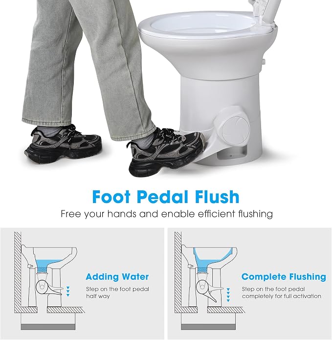 AW RV Toilet Porcelain Enamel & HDPE Gravity Flush Camper Trailer Toilet | Elongated 20" High Profile Foot Pedal Flush Motorhome Caravan