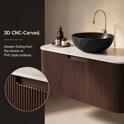 36 Inch Bathroom Vanity with Sink, Floating Wall Mounted Single Sink Vanity, Dark Walnut Curved Fluted Front, Stone Top, Black Marble Vessel Basin, Pre-Assembled