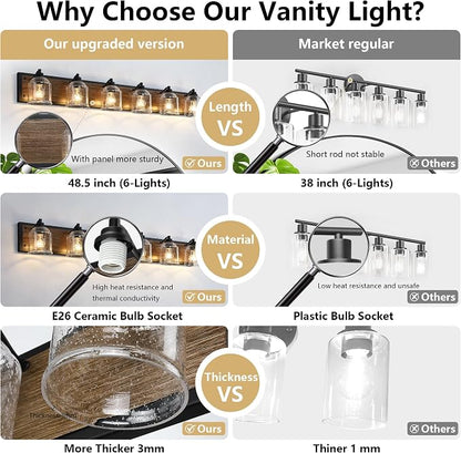 6-Light Vanity Lights for Bathroom Large 48" with Bubble Glass Shade | Farmhouse Rustic style, Hand-Painted Brown Wood-Grain Metal Backplate, E26 Ceramic Socket, UL&ETL, Mount up/down, over mirror