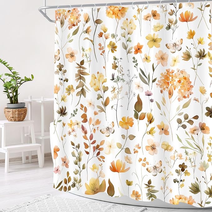 Orange Floral Flower Fall Autumn Brown Plants Bathroom Shower Curtain Set | 72"W x 72"H Botanical Wildflower; waterproof HD print, quick-dry fabric and plastic hooks for easy setup.